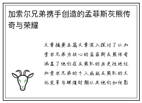 加索尔兄弟携手创造的孟菲斯灰熊传奇与荣耀